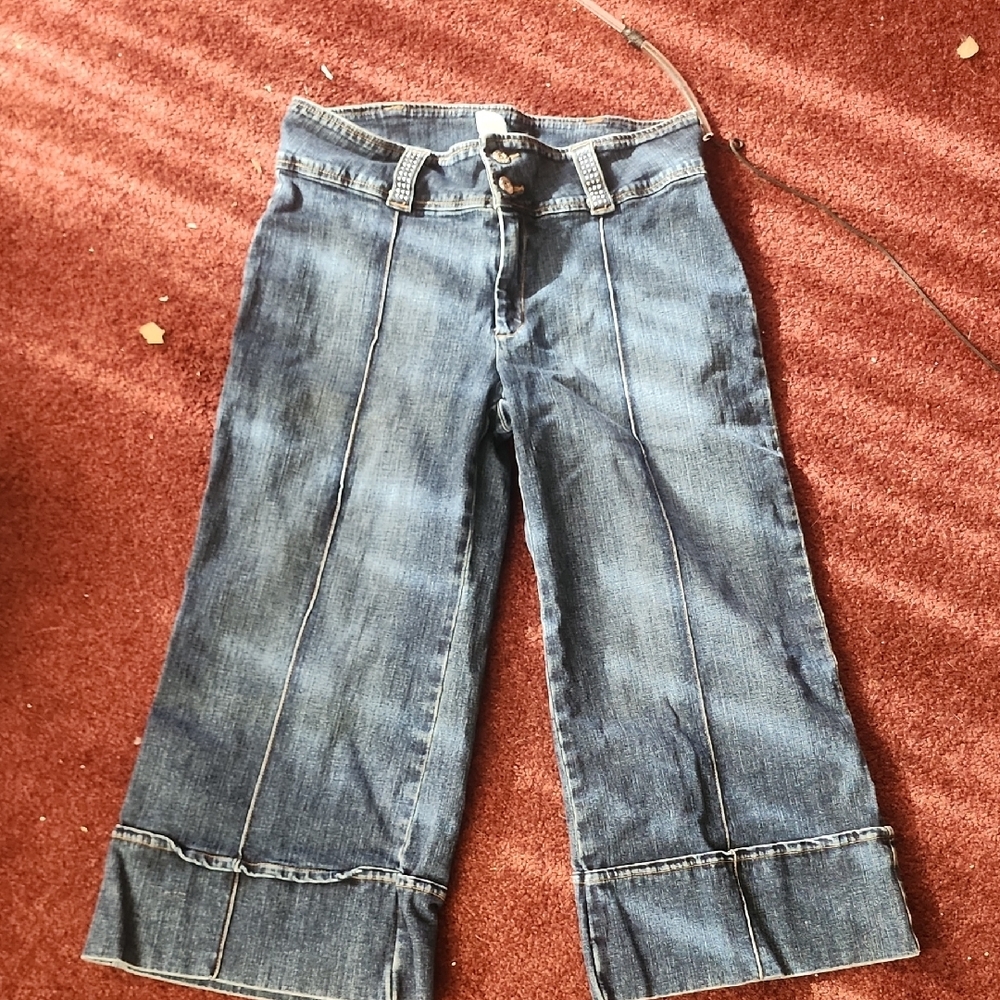 Blue Flare Wide Leg Jeans with Cuffed Hem